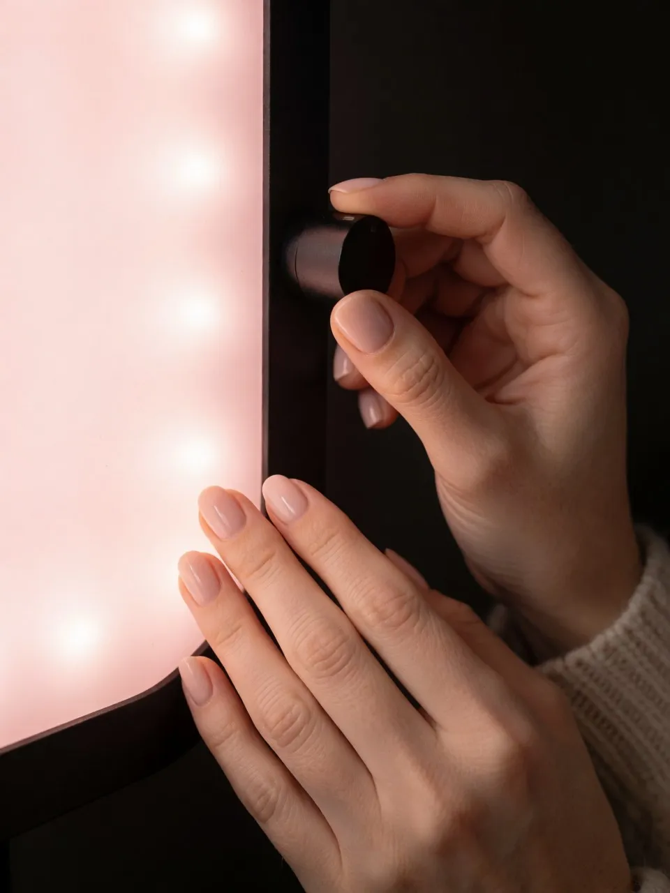 Manos ajustando la intensidad de un panel LED